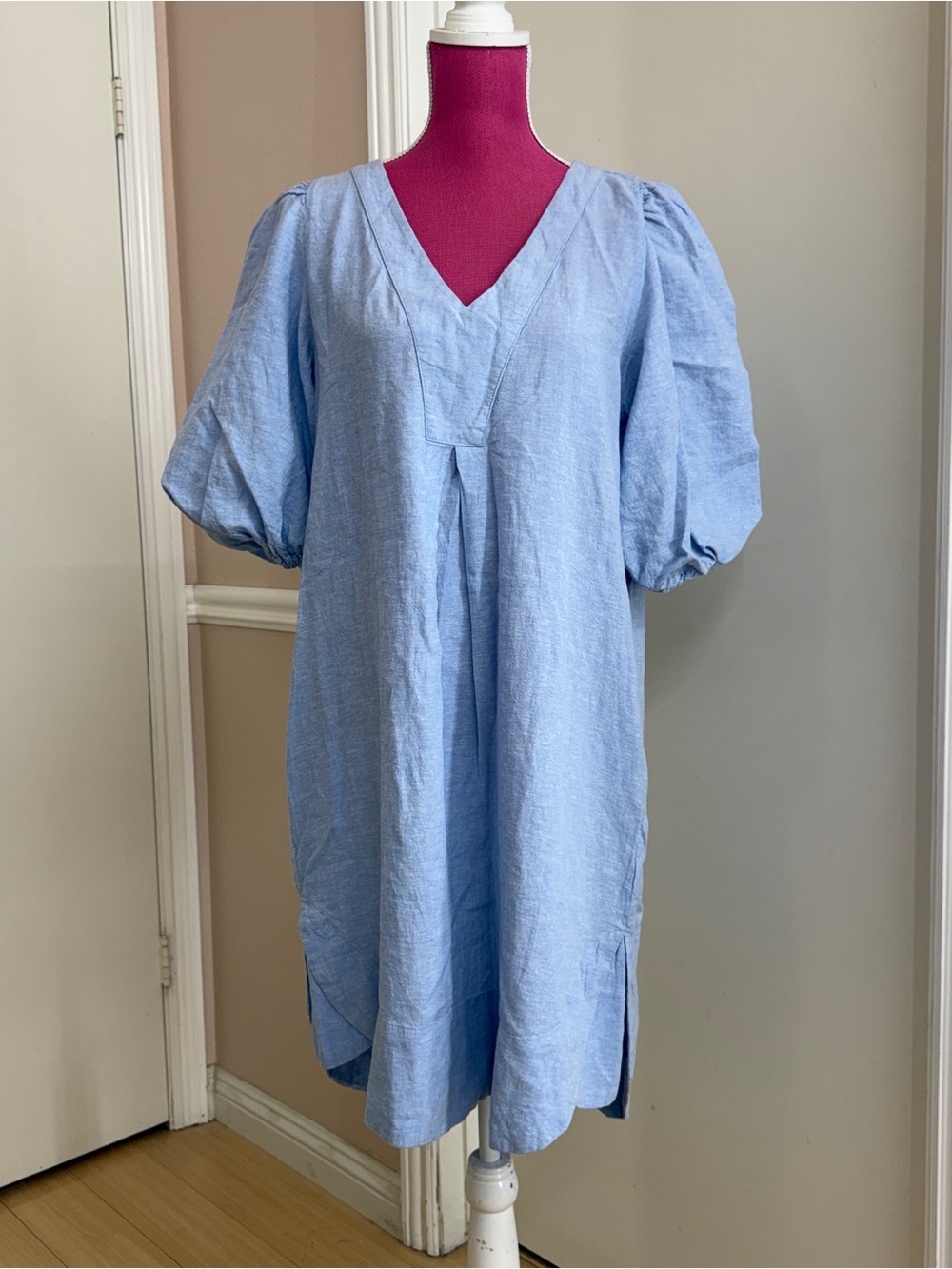 Cynthia Rowley Women Medium Light Blue Linen Blend Puff Sleeve Midi Dress V Neck
